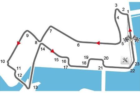 Streckenname: Marina Bay Street Circuit, Länge: 5,073 Kilometer, Rundenanzahl: 61, Renndistanz: 309,316 Kilometer, schnellst...