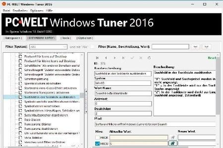 PC-WELT Windows Tuner liefert Beschreibungen zu den Einträgen. Hier lassen sich auch selbst neue Einstellungen einbauen.