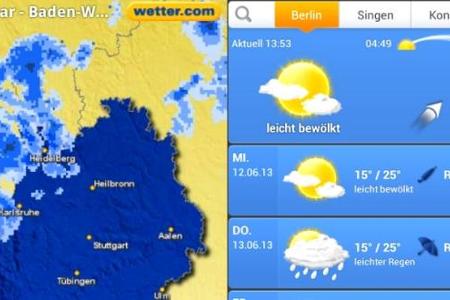 Die Wetter.com-App bietet Ihnen eine 7-Tage-Vorhersage, aktuelles Wetter, ein Startscreen-Widget, Suche und GPS Ortung, das ...