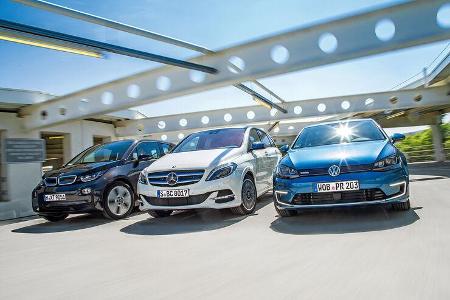 BMW i3, Mercedes B-Klasse Electric Drive, VW e-Golf, Frontansicht