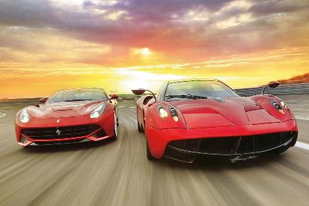 Pagani Huayra, Ferrari F12 Berlinetta, Frontansicht, Abendstimmung Pagani Huayra, Ferrari F12 Berlinetta, Frontansicht, Abendstimmung