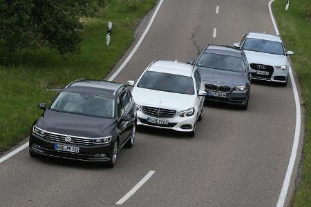 Audi A6 Avant 2.0 TFSI, BMW 528i Touring, Mercedes E 250 T Elegance, VW Passat Variant 2.0 TSI