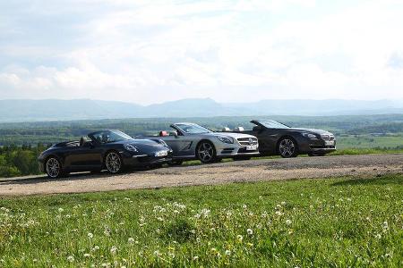 BMW 650i, Mercedes SL 500, Porsche 911 Carrera S, Frontansicht