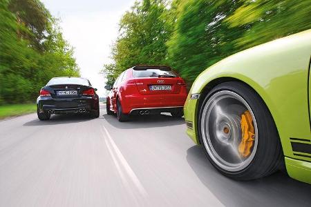 Audi RS3 Sportback, Porsche Cayman R, BMW Einser M Coupe, Gruppenbild, Teststrecke, Aktion
