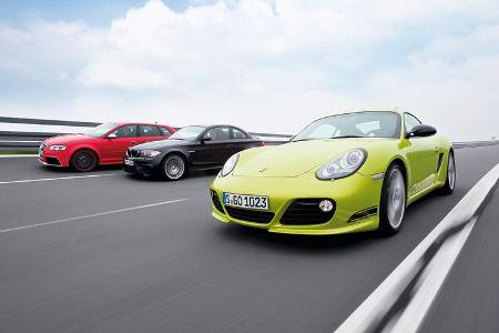 Audi RS3 Sportback, Porsche Cayman R, BMW Einser M Coupe, Gruppenbild, Teststrecke