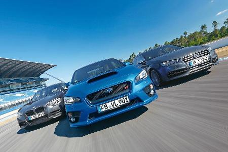 Audi S3, Subaru WRX Sti, BMW M135i x-Drive, Frontansicht Audi S3, Subaru WRX Sti, BMW M135i x-Drive, Frontansicht
