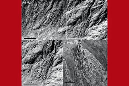Strukturen wie Abflussrinnen und Murgangablagerungen in einem nur 200.000 Jahre alten Marskrater (A,B) im Vergleich zu ähnli...