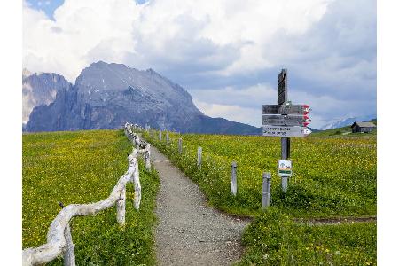 Wanderfans aufgepasst: Ein tolles Bergpanorama bietet die Seiser Alm in den Dolomiten. Außerdem werden familienfreundliche U...