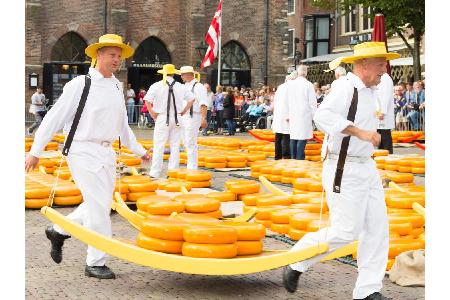 Käsemarkt, Alkmaar (Niederlande): Jeden Freitag von April bis September warten gut 2.200 Käselaibe auf ihre Käufer - und das...