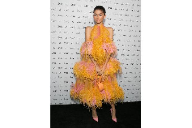 …verhält es sich mit dem Dress, das Sängerin Zendaya hier trägt. Wesentlich cooler wäre es gewesen, sich auf eine Federreihe...