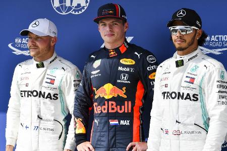 Valtteri Bottas, Polesetter Max Verstappen und Lewis Hamilton nach dem Qualifying Valtteri Bottas, Polesetter Max Verstappen und Lewis Hamilton nach dem Qualifying