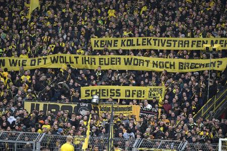 Auch die BVB-Fans machen am Samstag auf sich aufmerksam. Ihr Ziel: Der Deutsche Fußball-Bund und die Kollektivstrafen. Schli...