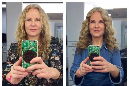 Vorher, nachher: Moderatorin Katja Burkard sieht sowohl mit als auch ohne Make-up bezaubernd aus.