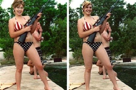 Fotobearbeitung - Sarah Palin im Bikini und mit Gewehr in der Hand. Hier ist aber nur der Kopf echt, der Rest wurde hinzumon...