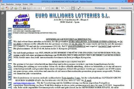 Und noch mehr Geld: 825.000 Euro verspricht diese Mail. Wenn es doch so einfach wäre…