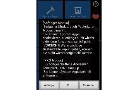 Im Anfängermodus wird von jeder gelöschten System-App ein Back-up erstellt.