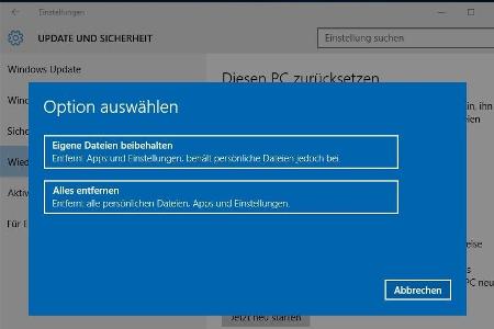 Windows 10 zurücksetzen - Daten behalten oder kompletter Reset -
Es erscheint nun ein Fenster, in dem Sie auswählen können,...