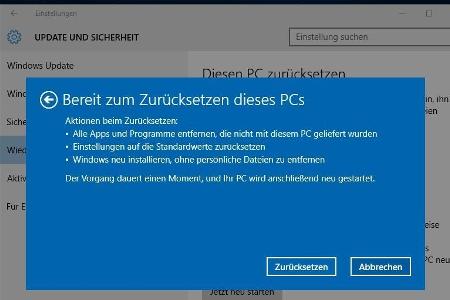 Windows 10 zurücksetzen - Zusammenfassung - Windows zeigt Ihnen noch einmal an, welche Einstellungen Sie ausgewählt haben un...