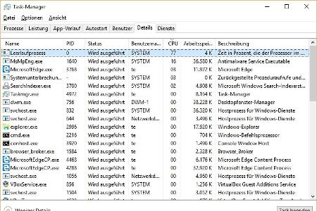 Der Task-Manager liefert auf der Registerkarte „Details“ die aktiven Programme. Die verfügbare CPU-Kapazität wird anhand des...