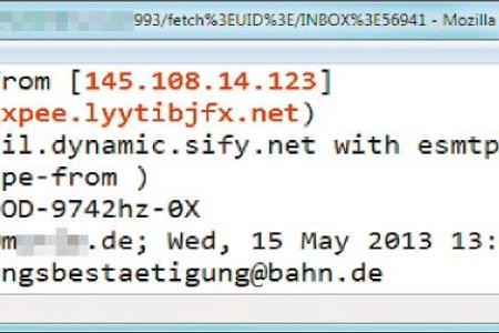 Der Blick in den Quelltext einer E-Mail offenbart den tatsächlichen Absender. Diese Phishing-E-Mail stammt nicht von bahn.de...