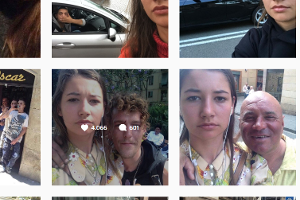 Frau macht Selfies mit Männern, die sie belästigen