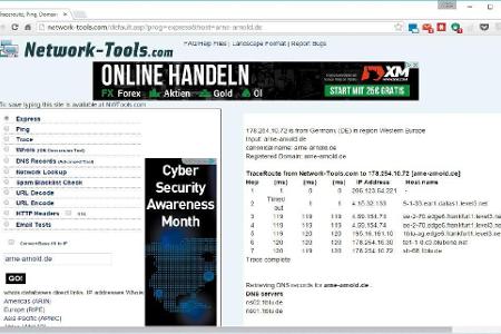 Über die Webseite http://network-tools.com ist es möglich, zu einer Webadresse die zugehörige IP-Adresse zu erfahren.