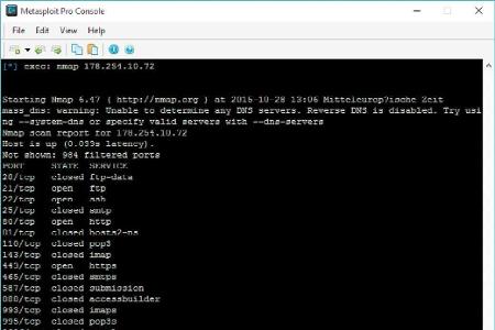 Hier haben wir mit dem Portscanner Nmap, der in Metasploit integriert ist, die IP-Adresse einer Website gescannt. Offen ist ...