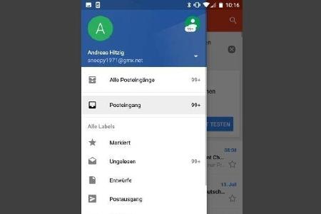 Eingerichtete Mailkonten kann man über das Menü der „Gmail“-App auswählen.