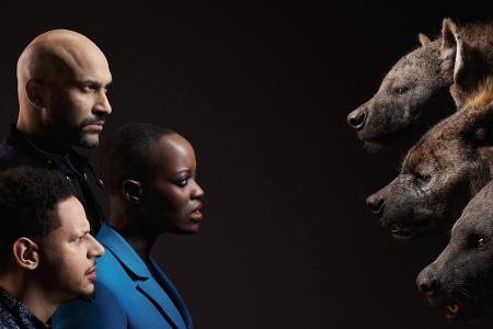 Schauspieler Eric André (unten) leiht Azizi seine Stimme, die deutsche Schauspielerin Florence Kasumba (Mitte) spricht Shenz...