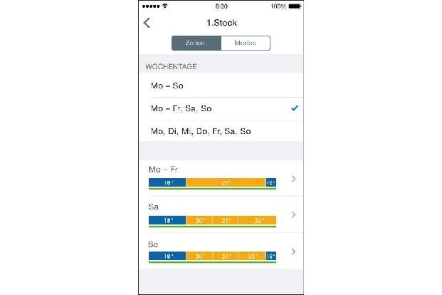 Die Tado-App ermöglicht die Definition mehrerer Temperaturzonen und die Anpassung an einzelne Wochentage.