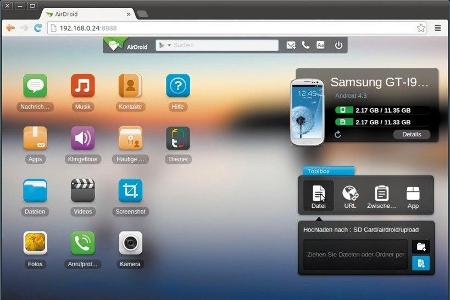 Die Android-App Airdroid ermöglicht den Zugriff per Rechner auf das Android-Gerät.