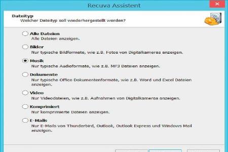 Beim erstmaligen Start von Recuva hilft ein Assistent dabei Art und Ort der wiederherzustellenden Dateien einzugrenzen.
