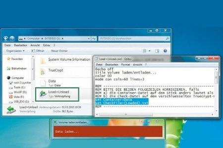 Eine im Hauptverzeichnis des USB-Sticks befindliche Batchdatei bindet das verschlüsselte Laufwerk ein und meldet es ab.