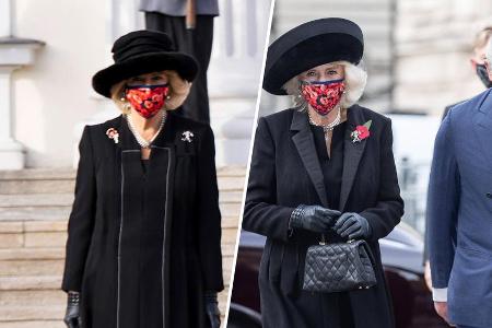 Ähnlicher Look, selbe Maske: Herzogin Camilla beim Besuch in Berlin (r.) und beim Remembrance Day in London.