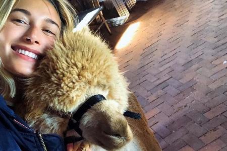 Hailey Bieber mit einem süßen Alpaka im Hailey Bieber mit einem süßen Alpaka im