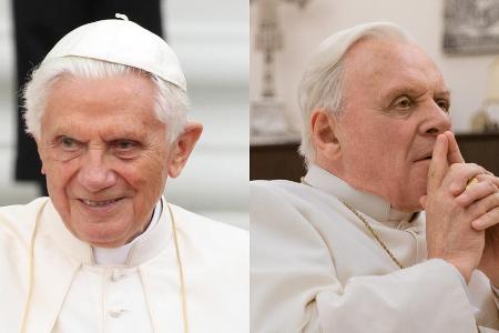 Papst Benedikt XVI. (l.) und Anthony Hopkins als eben dieser im Netflix-Film 