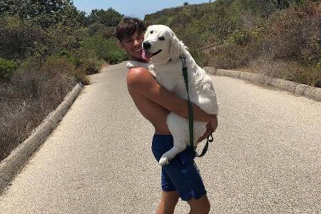 Cameron Dallas trägt seinen Hund Bandit beim Spaziergang