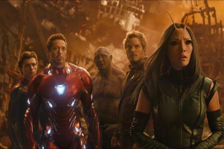 Spider-Man (Tom Holland, v.l.), Iron Man (Robert Downey Jr.), Drax (Dave Bautista), Star-Lord (Chris Pratt) und Mantis (Pom ...