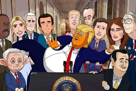 Donald Trump (Mitte), seine Familie und seine Regierungsmitarbeiter in Cartoon-Form