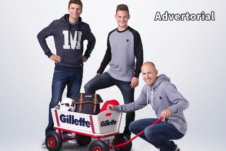 Thomas Müller, Joshua Kimmich und Arjen Robben (von li. nach re.) werben für Gillette Thomas Müller, Joshua Kimmich und Arjen Robben (von li. nach re.) werben für Gillette