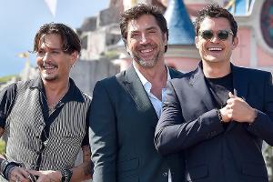 Johnny Depp (v.l.), Javier Bardem und Orlando Bloom bei der Europapremiere am 14. Mai 2017 in Paris