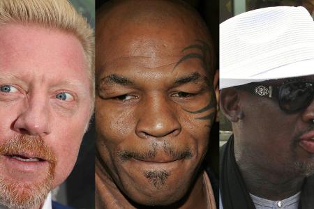 Große Sportler unter sich: Boris Becker (v.l.), Mike Tyson und Dennis Rodman