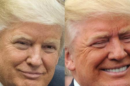 Weniger Farbe tut ihm gut: Donald Trump Ende Januar 2017 (l.) und im April 2016
