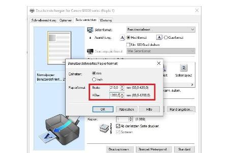 Das Bannerformat lässt sich im Druckertreiber des Canon Pixma G3560 einstellen.