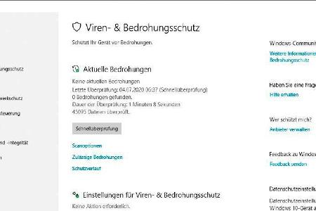 Das Fenster Windows Sicherheit liefert unter „Viren- & Bedrohungsschutz“ eine Übersicht aktueller Meldungen zu abgewehrten G...