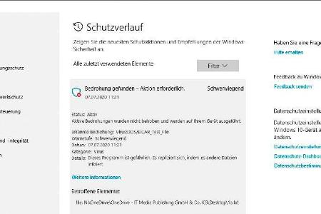 Im Fenster Windows Sicherheit versteckt sich ein kompletter Schutzverlauf, welcher über aktuelle und zurückliegende Gefahren...