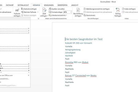Bei Word 2013 gehen Sie zur „Verweise“ wie in diesem Beispiel.