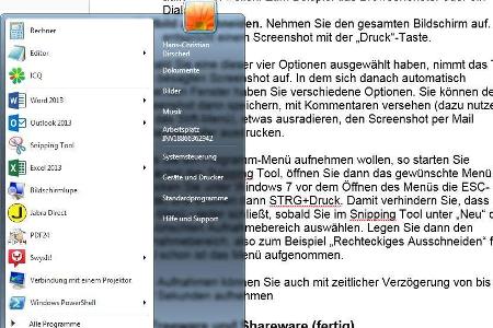 Mit dem Snipping-Tool das Start-Menü von Windows aufnehmen. Hier auf einem Windows-7-Rechner.