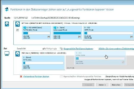 Ist die Quelle eine GPT-Festplatte, ziehen Sie die Systempartition in den freien Bereich einer vorbereiteten MBR-Festplatte.