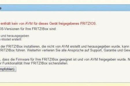 Von der Warnung von AVM braucht man sich beim Aufspielen einer alternativen Firmware nicht beirren lassen.